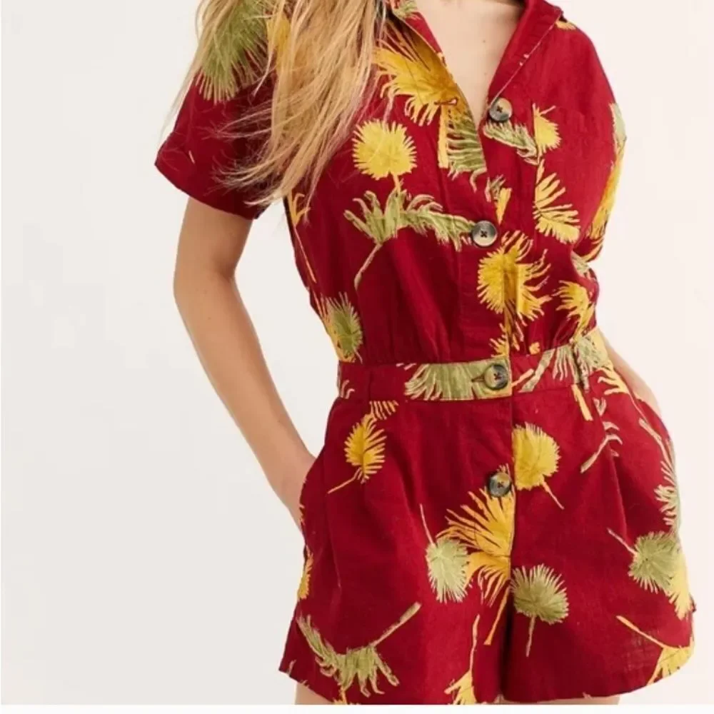 NEW Free People Maroon Combo Hawaiian Print Malibu Romper S